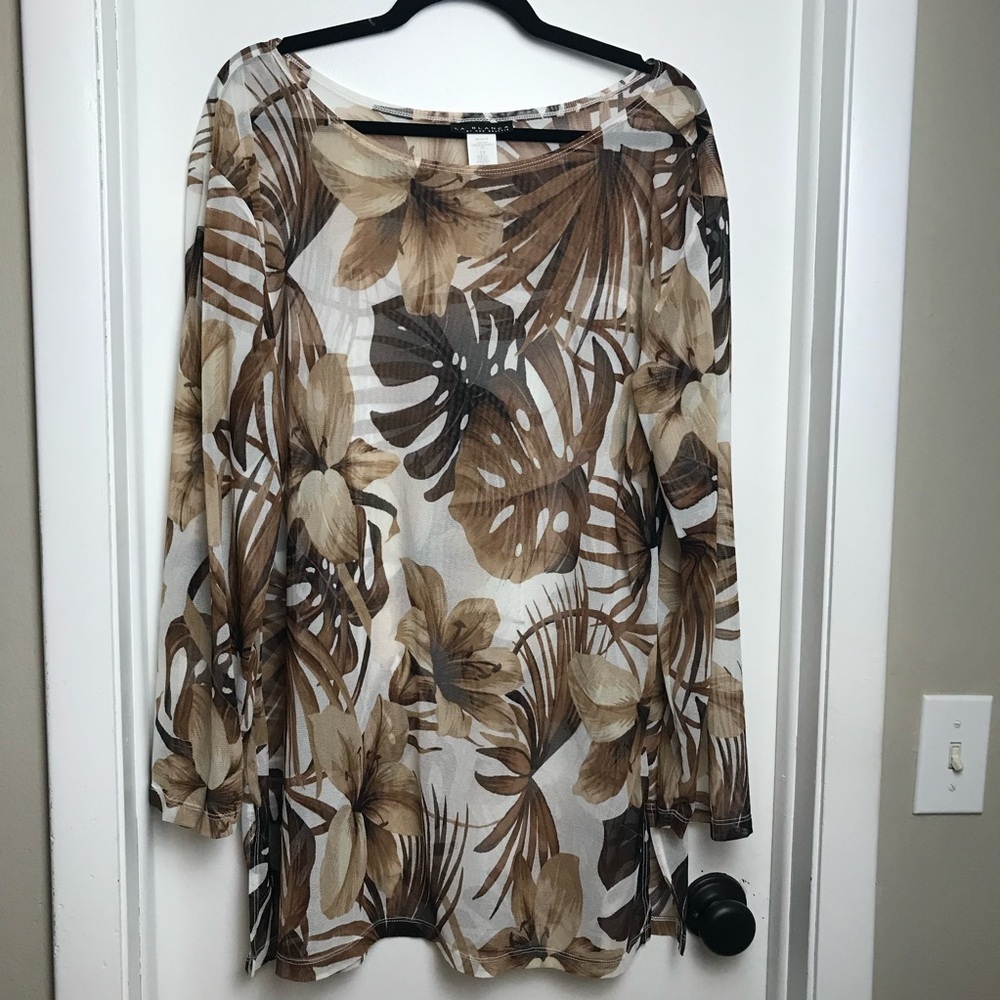La Blanca by Rod Beattie Women's leaves and flowers Sheer Swim Cover Top Size 1X